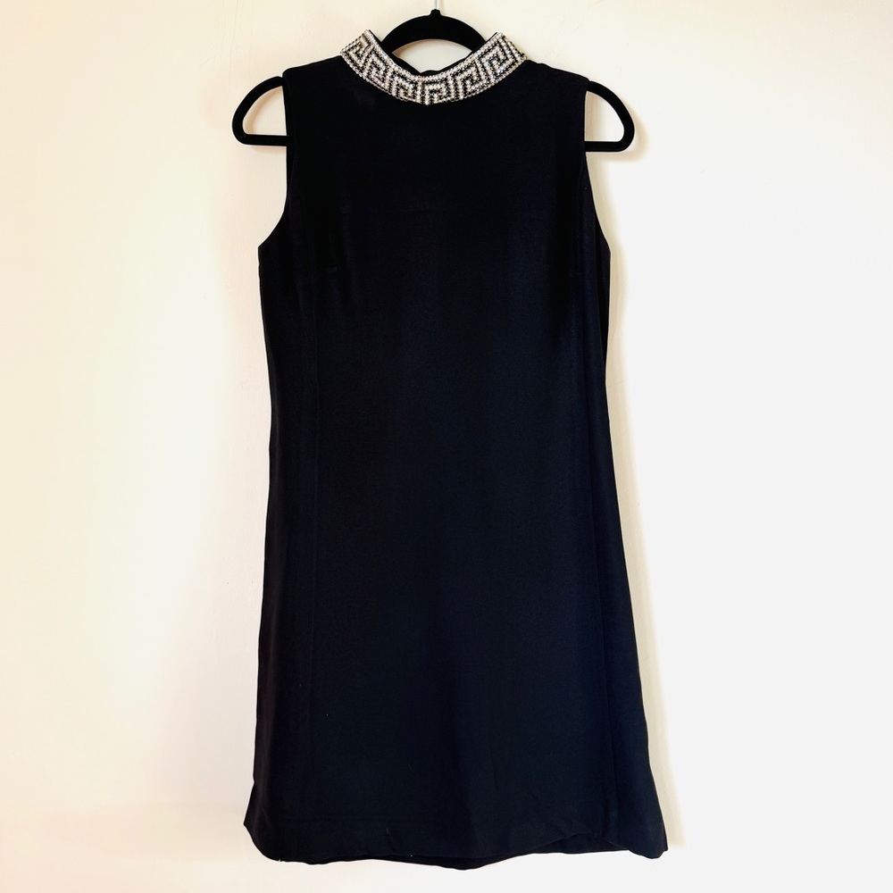 Vintage 1960s Tee-ca New York Grecian Rhinestone Collar Black Shift Dress Medium